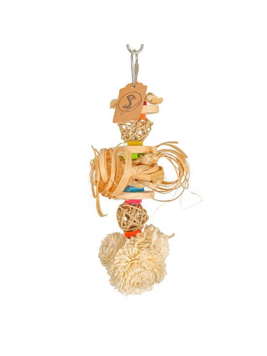 Totem colorat 23cm - ros și ciuguleală - cu lemn și fibre naturale, papagali mici, medii