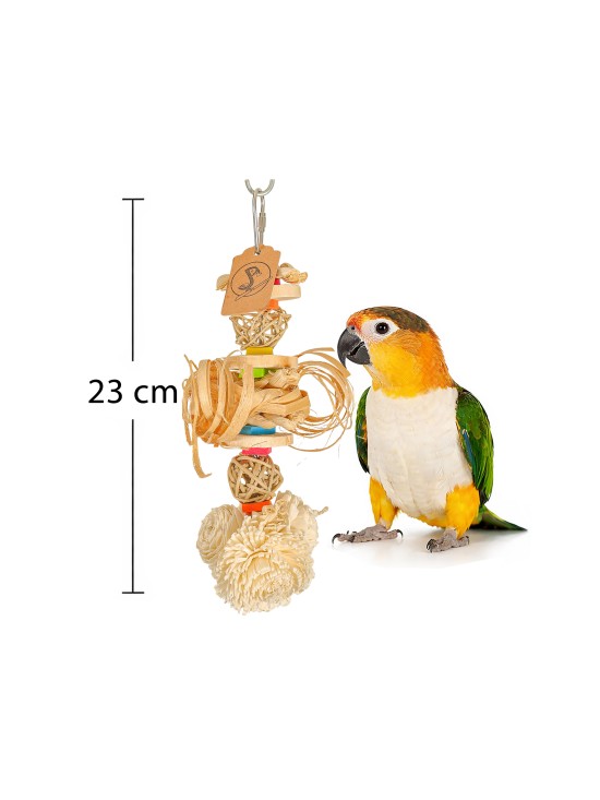 Totem colorat 23cm - ros și ciuguleală - cu lemn și fibre naturale, papagali mici, medii
